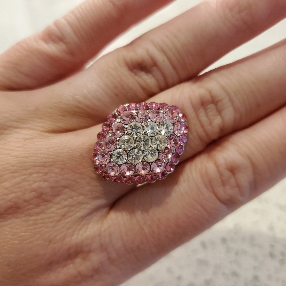 Pink Silver Rhinestone Statement Ring Adjustable … - image 1